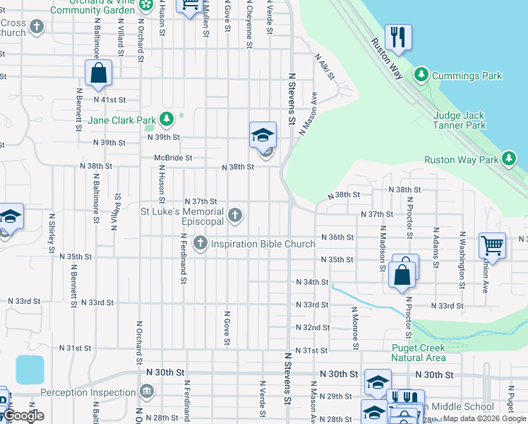 map of restaurants, bars, coffee shops, grocery stores, and more near 3626 North Verde Street in Tacoma