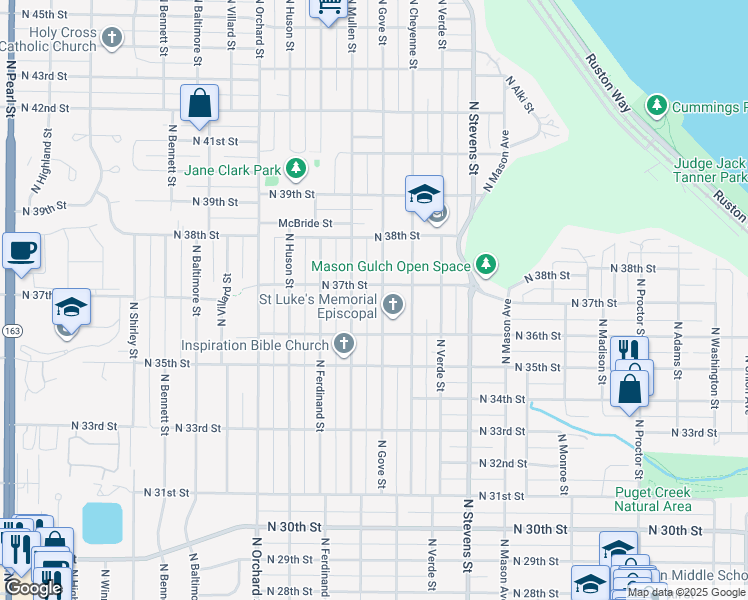 map of restaurants, bars, coffee shops, grocery stores, and more near 3626 N Gove St in Tacoma