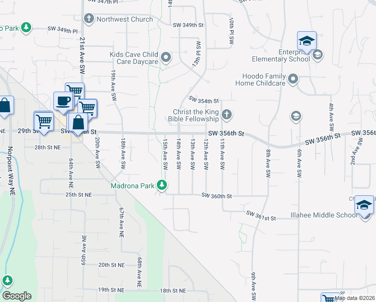 map of restaurants, bars, coffee shops, grocery stores, and more near 35639 13th Avenue Southwest in Federal Way