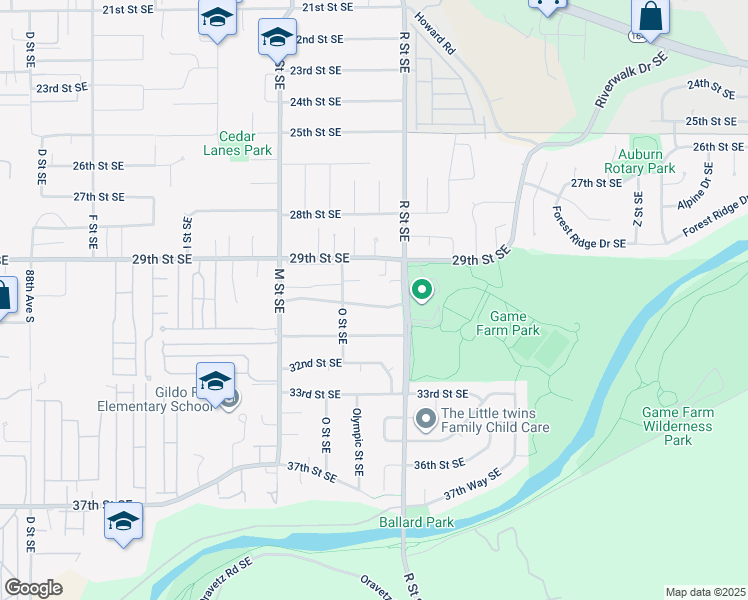 map of restaurants, bars, coffee shops, grocery stores, and more near 1431 30th Street Southeast in Auburn
