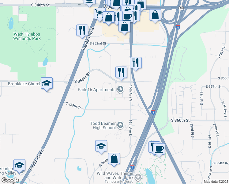 map of restaurants, bars, coffee shops, grocery stores, and more near 35703 16th Avenue South in Federal Way