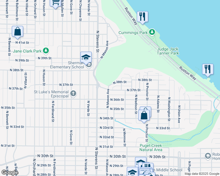 map of restaurants, bars, coffee shops, grocery stores, and more near 4231 North 37th Street in Tacoma