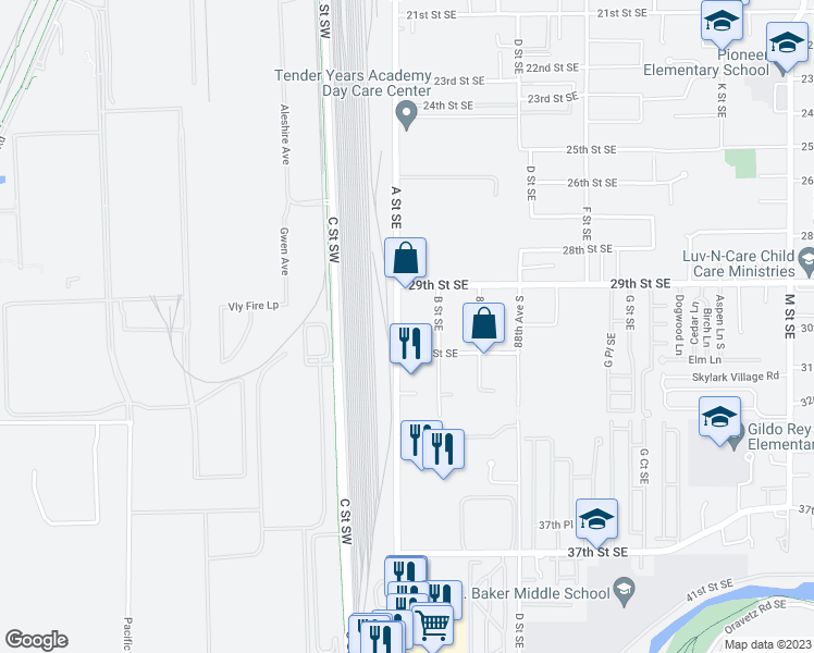 map of restaurants, bars, coffee shops, grocery stores, and more near 3002 A Street Southeast in Auburn