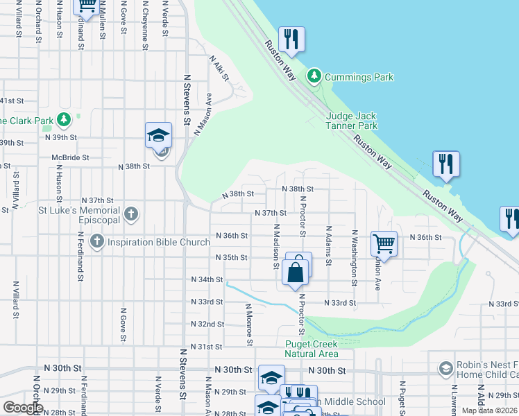 map of restaurants, bars, coffee shops, grocery stores, and more near 4105 North 37th Street in Tacoma