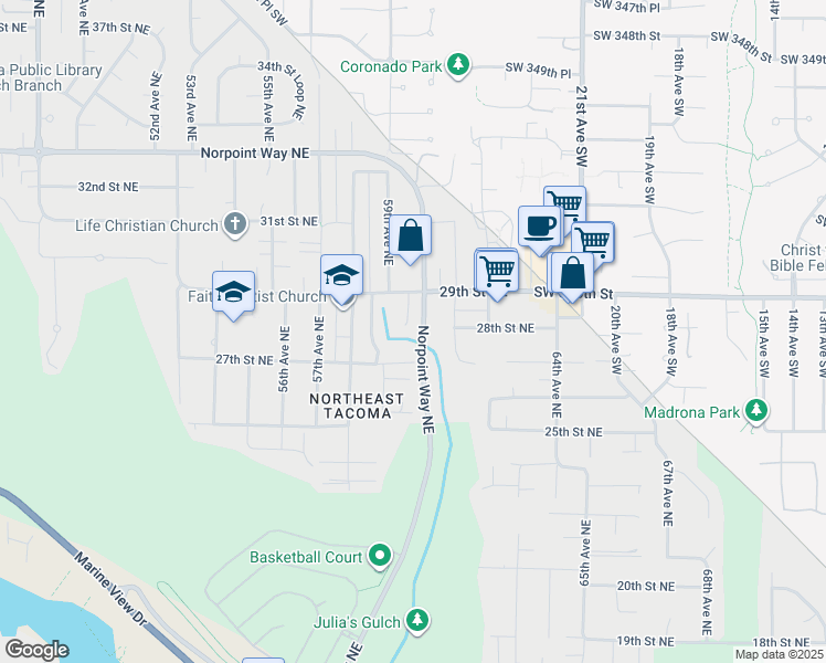 map of restaurants, bars, coffee shops, grocery stores, and more near 168 Norpoint Way Northeast in Tacoma
