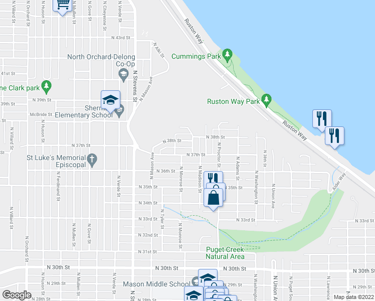 map of restaurants, bars, coffee shops, grocery stores, and more near 4105 North 37th Street in Tacoma