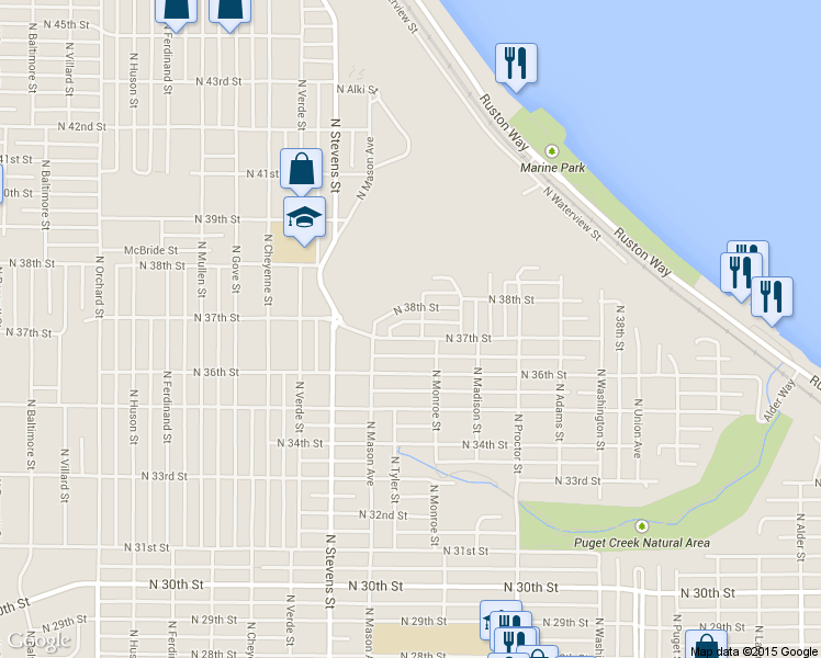 map of restaurants, bars, coffee shops, grocery stores, and more near 4207 North 37th Street in Tacoma