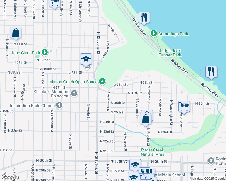 map of restaurants, bars, coffee shops, grocery stores, and more near 4231 North 37th Street in Tacoma