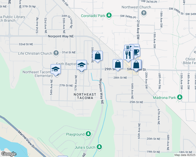 map of restaurants, bars, coffee shops, grocery stores, and more near 168 Norpoint Way Northeast in Tacoma