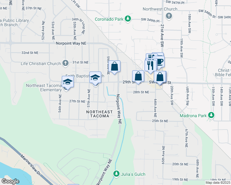 map of restaurants, bars, coffee shops, grocery stores, and more near 168 Norpoint Way Northeast in Tacoma