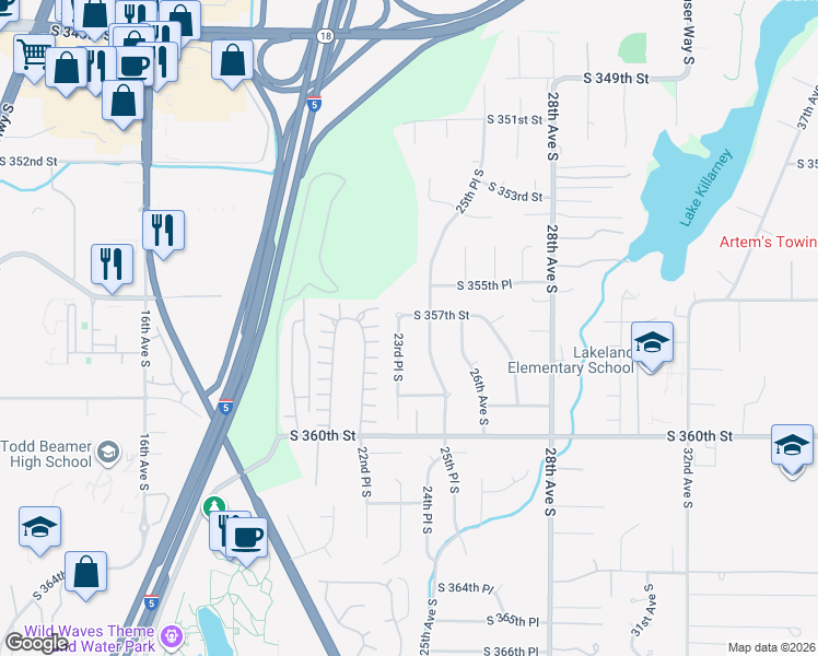 map of restaurants, bars, coffee shops, grocery stores, and more near 35729 23rd Place South in Federal Way