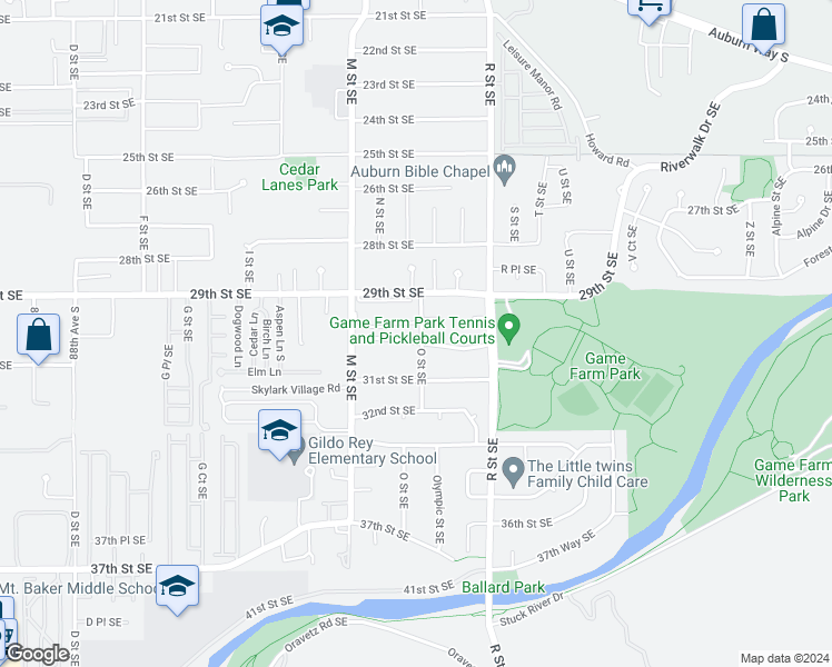 map of restaurants, bars, coffee shops, grocery stores, and more near 1322 30th Street Southeast in Auburn
