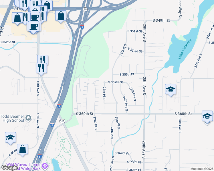 map of restaurants, bars, coffee shops, grocery stores, and more near 35729 23rd Place South in Federal Way