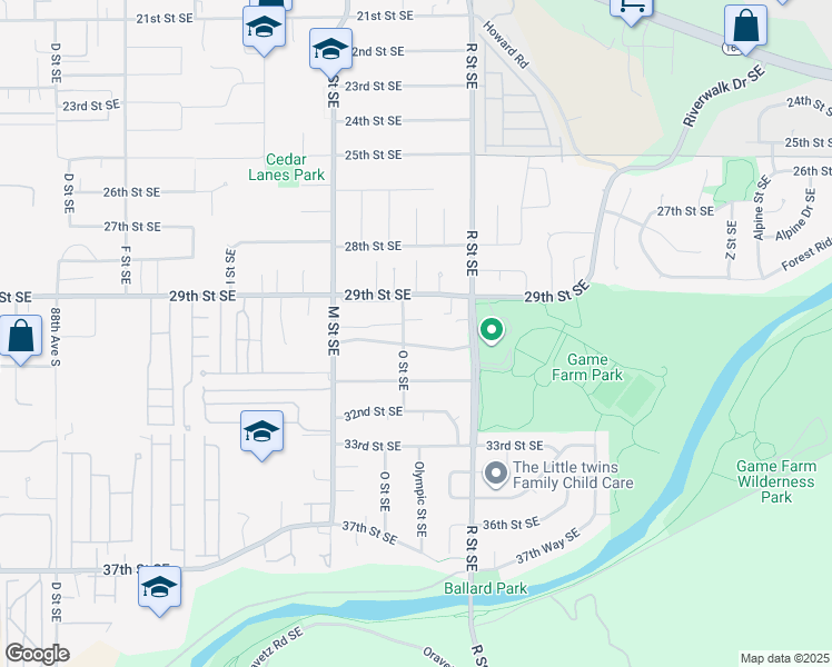 map of restaurants, bars, coffee shops, grocery stores, and more near 1409 30th Street Southeast in Auburn