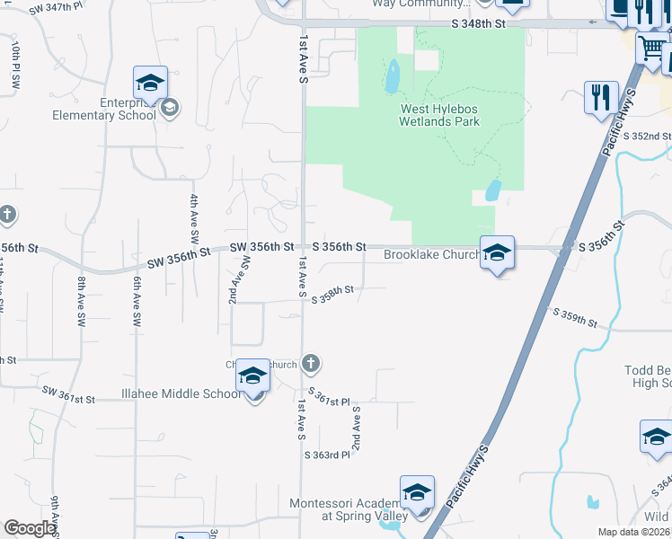 map of restaurants, bars, coffee shops, grocery stores, and more near 148 South 358th Street in Federal Way