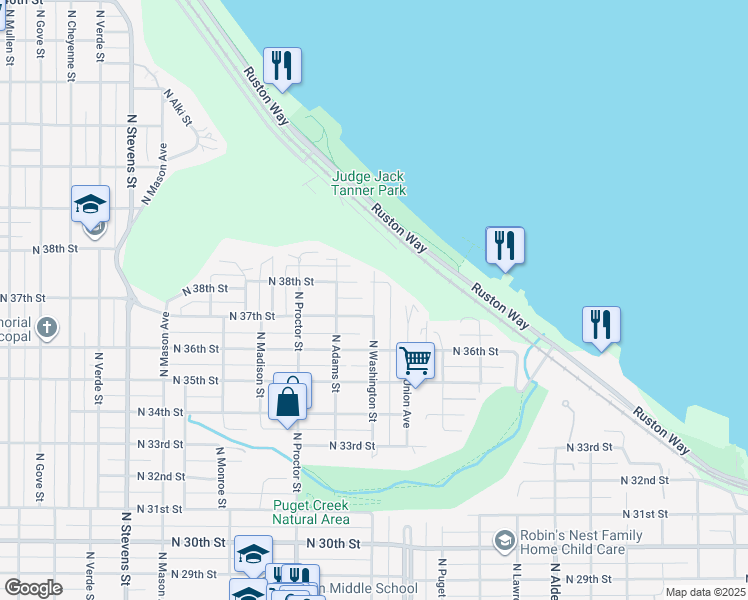 map of restaurants, bars, coffee shops, grocery stores, and more near 3705 North Washington Street in Tacoma