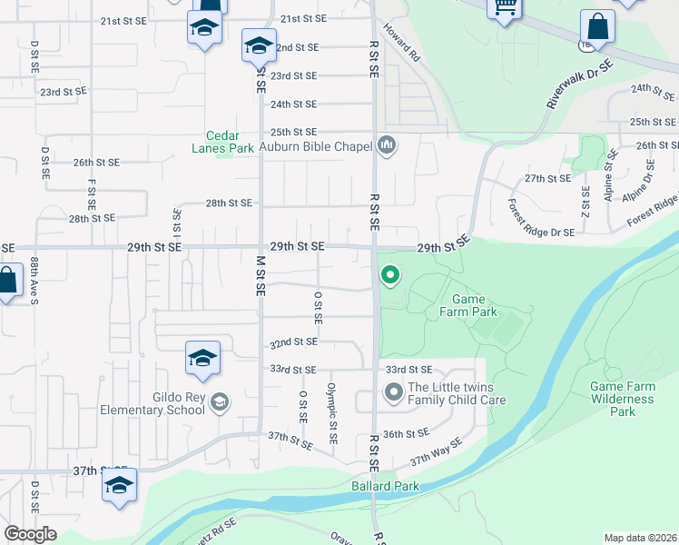 map of restaurants, bars, coffee shops, grocery stores, and more near 1431 30th Street Southeast in Auburn
