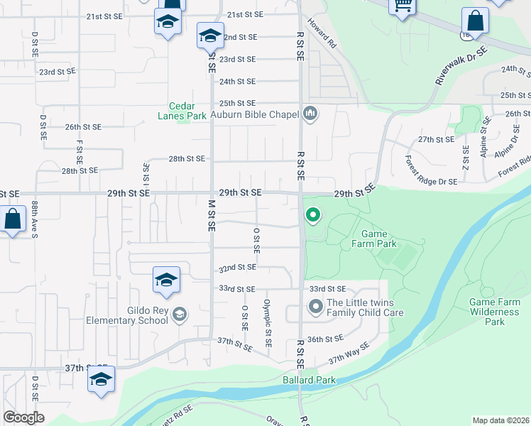 map of restaurants, bars, coffee shops, grocery stores, and more near 1431 30th Street Southeast in Auburn
