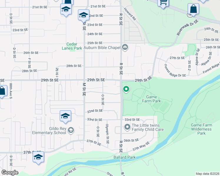 map of restaurants, bars, coffee shops, grocery stores, and more near 1431 30th Street Southeast in Auburn