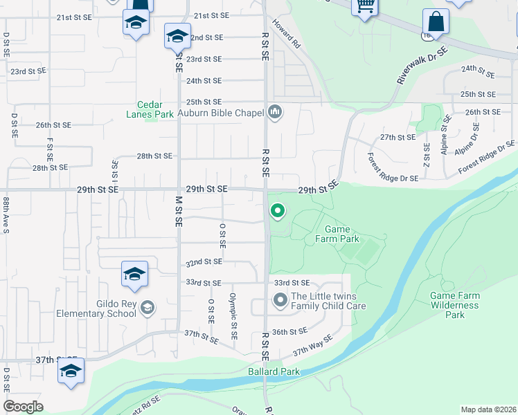 map of restaurants, bars, coffee shops, grocery stores, and more near 2939 R Street Southeast in Auburn