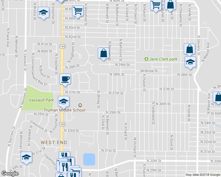 map of restaurants, bars, coffee shops, grocery stores, and more near 3709 North Bennett Street in Tacoma