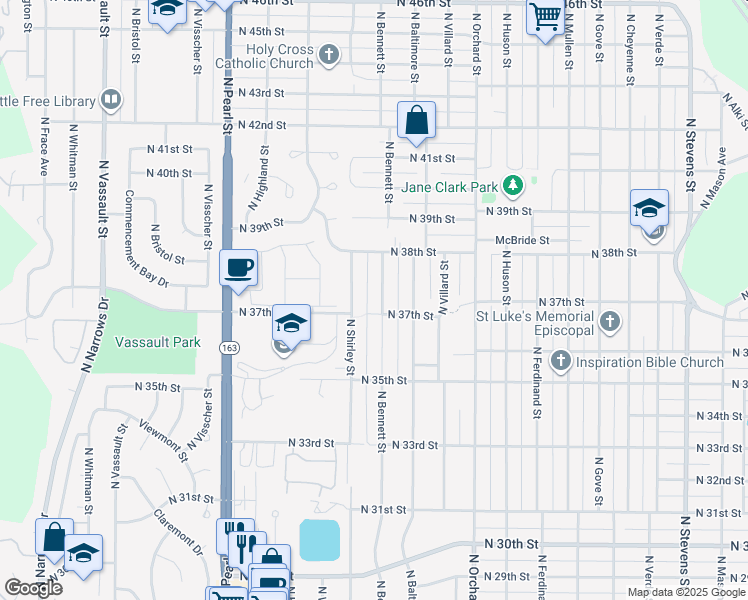 map of restaurants, bars, coffee shops, grocery stores, and more near 5402 North 37th Street in Tacoma