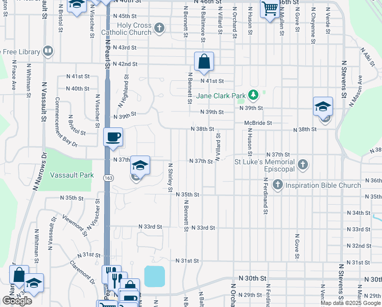 map of restaurants, bars, coffee shops, grocery stores, and more near 3709 North Bennett Street in Tacoma
