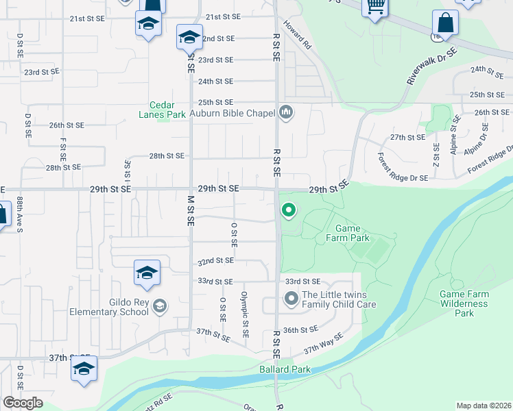 map of restaurants, bars, coffee shops, grocery stores, and more near 1431 30th Street Southeast in Auburn
