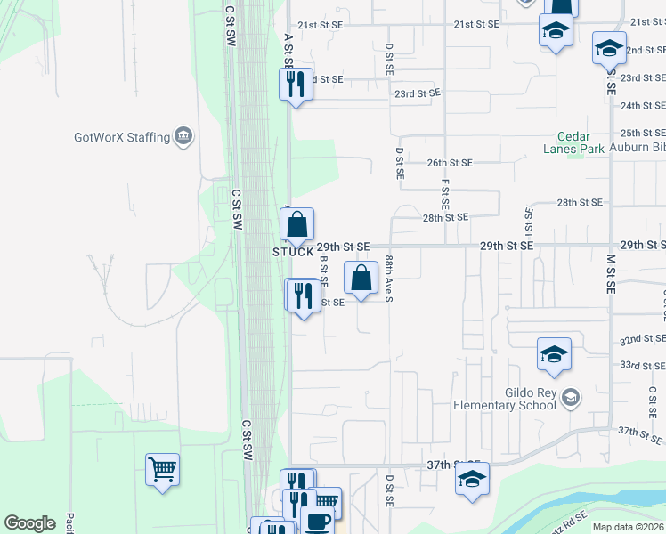 map of restaurants, bars, coffee shops, grocery stores, and more near 3005 B Street Southeast in Auburn
