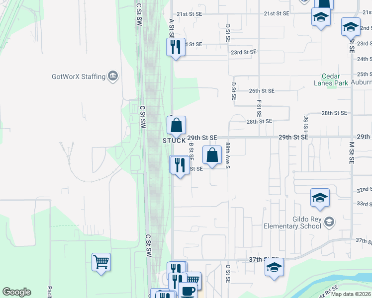 map of restaurants, bars, coffee shops, grocery stores, and more near 3005 B Street Southeast in Auburn