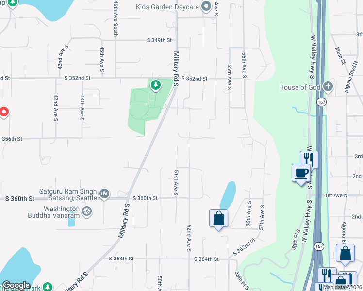 map of restaurants, bars, coffee shops, grocery stores, and more near 35704 51st Avenue South in Auburn