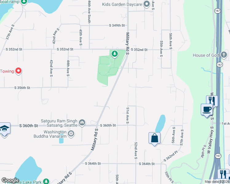 map of restaurants, bars, coffee shops, grocery stores, and more near 35612 Military Road South in Auburn