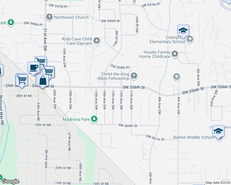 map of restaurants, bars, coffee shops, grocery stores, and more near 35639 13th Avenue Southwest in Federal Way