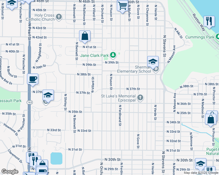 map of restaurants, bars, coffee shops, grocery stores, and more near 3621 North Huson Street in Tacoma