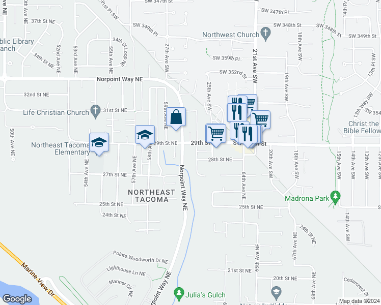 map of restaurants, bars, coffee shops, grocery stores, and more near 168 Norpoint Way Northeast in Tacoma