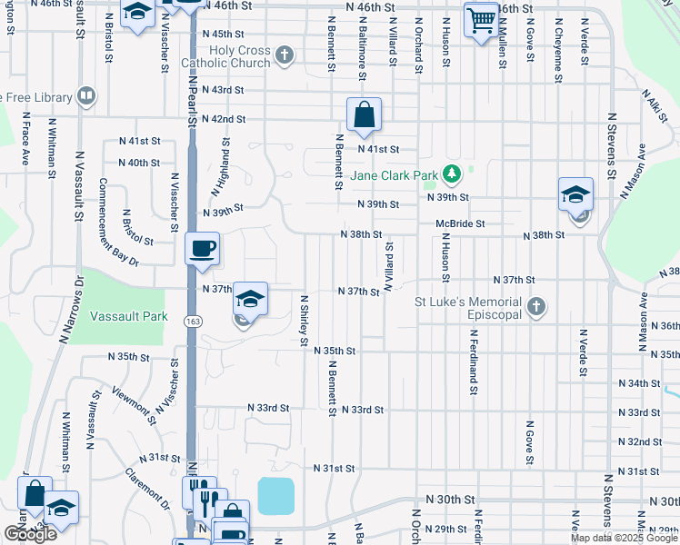 map of restaurants, bars, coffee shops, grocery stores, and more near 3715 North Bennett Street in Tacoma