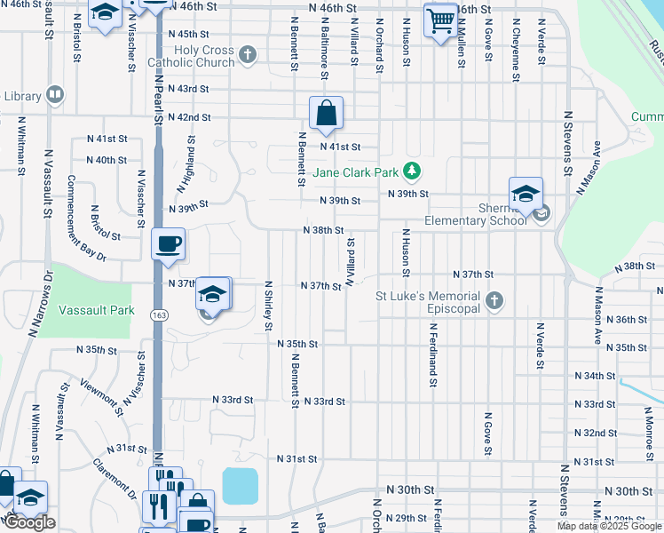 map of restaurants, bars, coffee shops, grocery stores, and more near 3738 North Baltimore Street in Tacoma