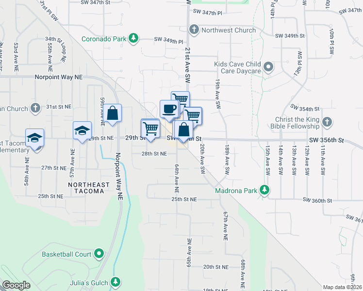 map of restaurants, bars, coffee shops, grocery stores, and more near 2125 Southwest 356th Street in Federal Way