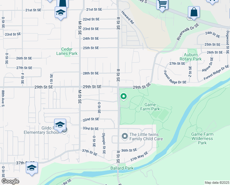 map of restaurants, bars, coffee shops, grocery stores, and more near 2820 R Street Southeast in Auburn