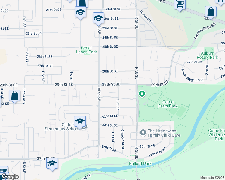 map of restaurants, bars, coffee shops, grocery stores, and more near 1321 29th Street Southeast in Auburn