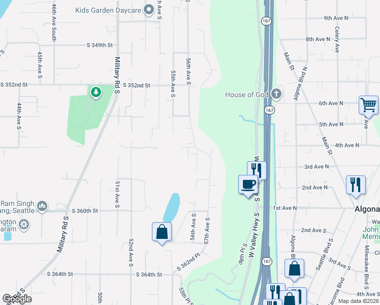 map of restaurants, bars, coffee shops, grocery stores, and more near 35523 56th Avenue South in Auburn