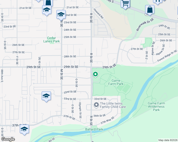 map of restaurants, bars, coffee shops, grocery stores, and more near 2929 R Street Southeast in Auburn