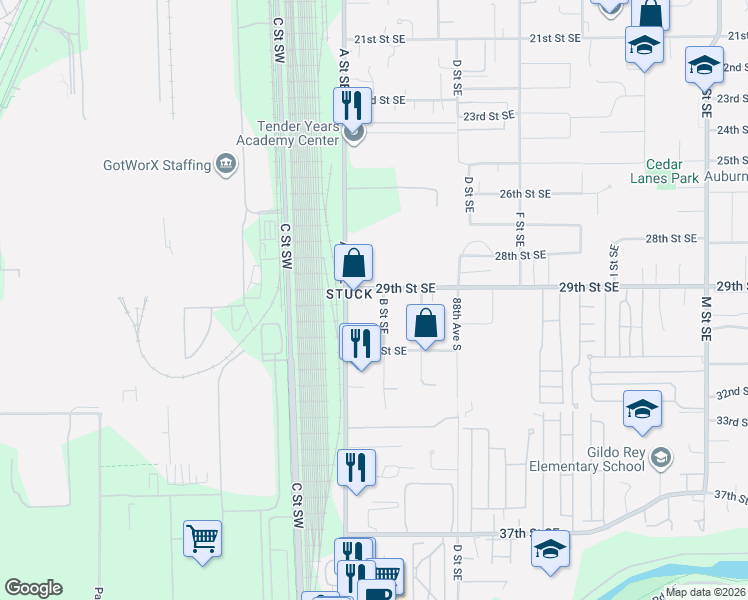 map of restaurants, bars, coffee shops, grocery stores, and more near 2905 B Street Southeast in Auburn