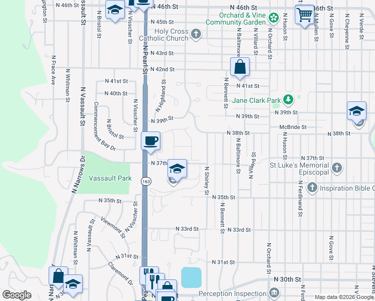 map of restaurants, bars, coffee shops, grocery stores, and more near 5601 North 37th Street in Tacoma