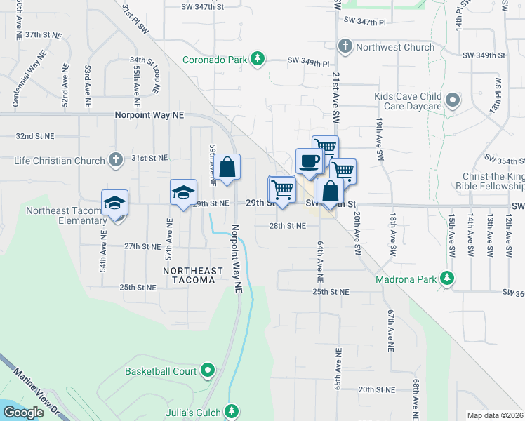 map of restaurants, bars, coffee shops, grocery stores, and more near 6101 29th Street Northeast in Tacoma