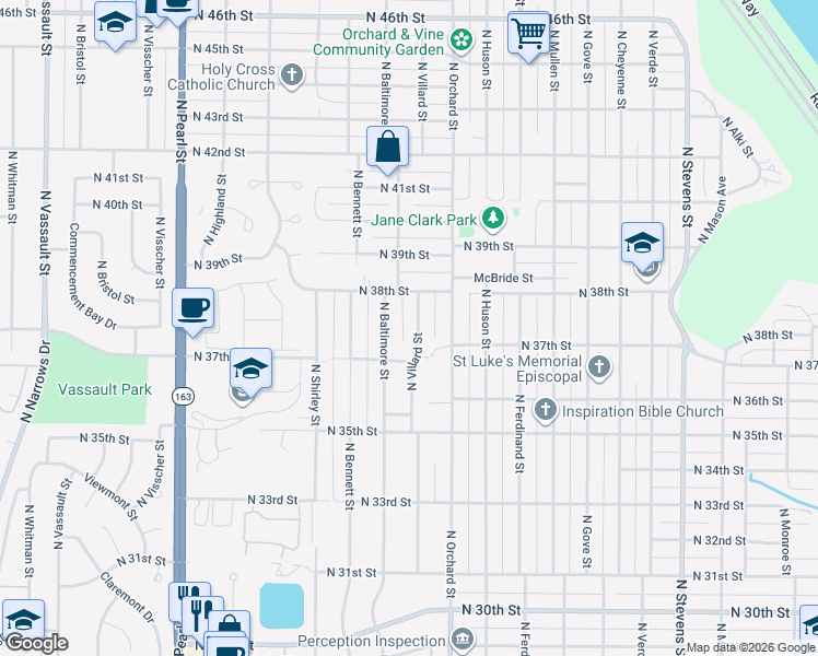 map of restaurants, bars, coffee shops, grocery stores, and more near 3740 North Villard Street in Tacoma