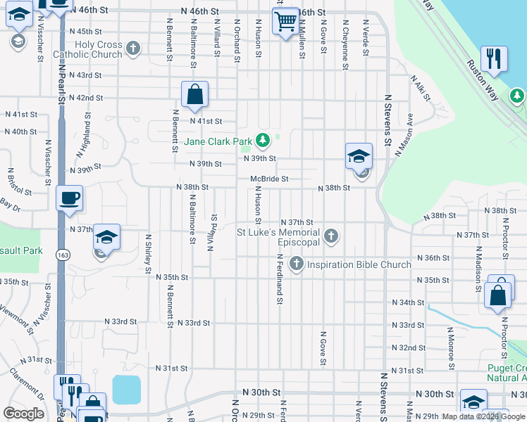 map of restaurants, bars, coffee shops, grocery stores, and more near 3725 North Huson Street in Tacoma
