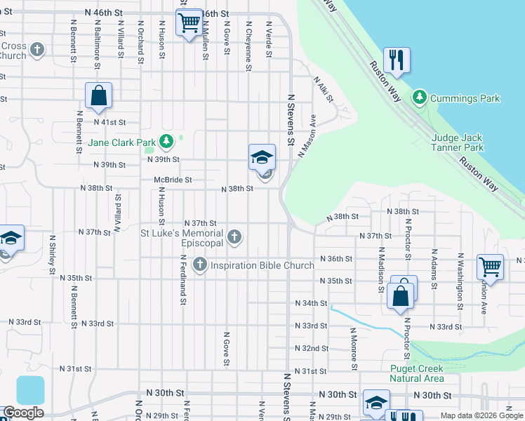 map of restaurants, bars, coffee shops, grocery stores, and more near 3726 North Verde Street in Tacoma