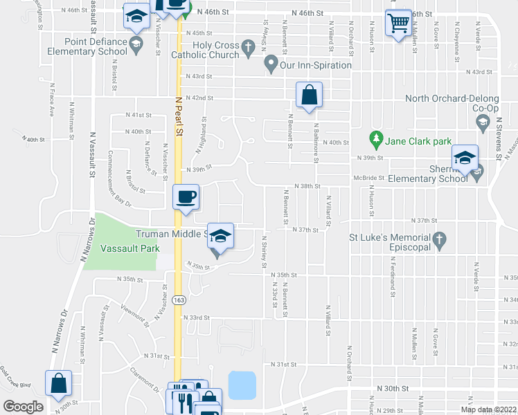 map of restaurants, bars, coffee shops, grocery stores, and more near 3722 North Shirley Street in Tacoma