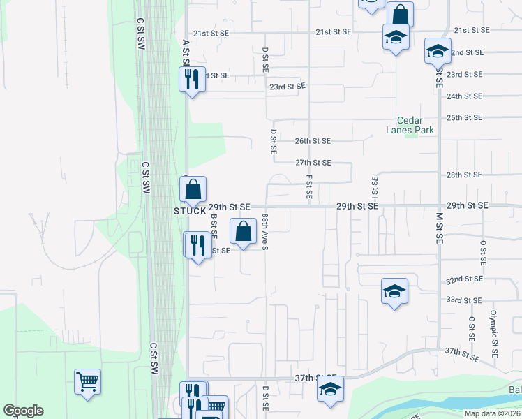 map of restaurants, bars, coffee shops, grocery stores, and more near 308 29th Street Southeast in Auburn